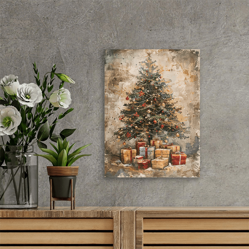 A Canvas Oil Painting With A Wooden Frame, Depicting A Vintage Christmas Tree With Gifts Under It Decorating The Living Room.