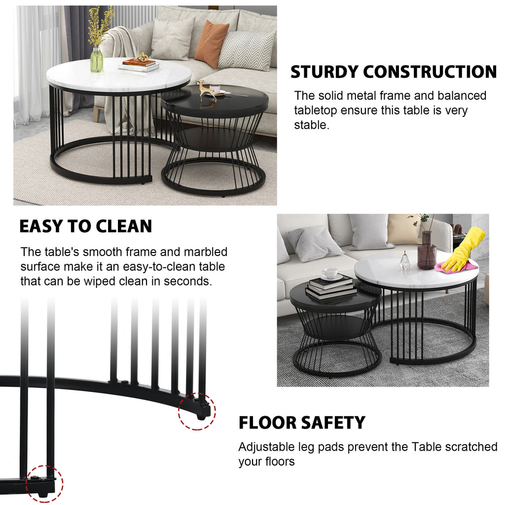 Modern Nesting Coffee Table, Coffee Table Set Marble Veneer Sofa Side Nest Of Tables Round End Tables, Set Of 2, Black Color Frame