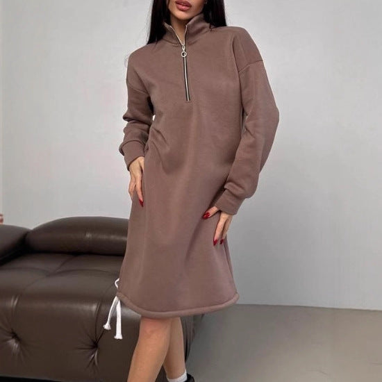 High-neck Half-zip Sweatshirt Dress Warm Fleece Skirt