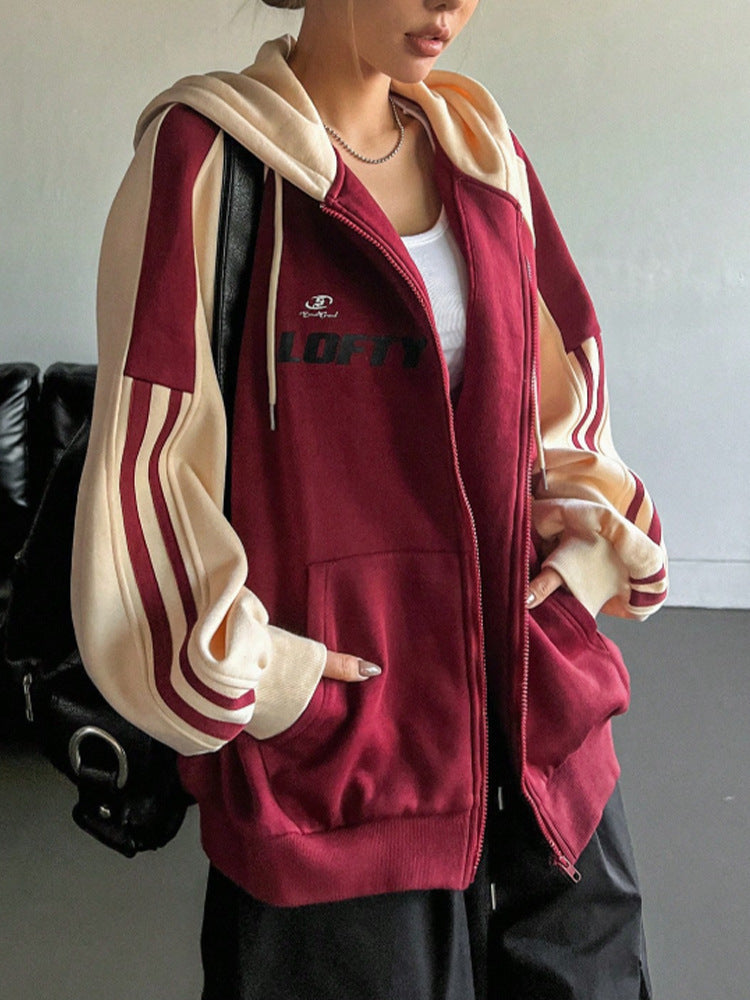 Retro Style Patchwork Color-blocked Hooded Sweatshirt For Women