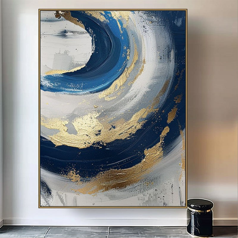 Luxury Handmade Abstract Oil Painting Wall Art Modern Golden Blue Minimalist Texture Canvas Mural For Living Room Decor Frameless