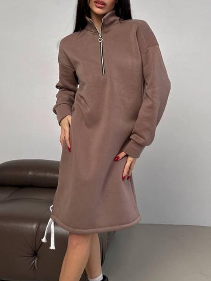 High-neck Half-zip Sweatshirt Dress Warm Fleece Skirt