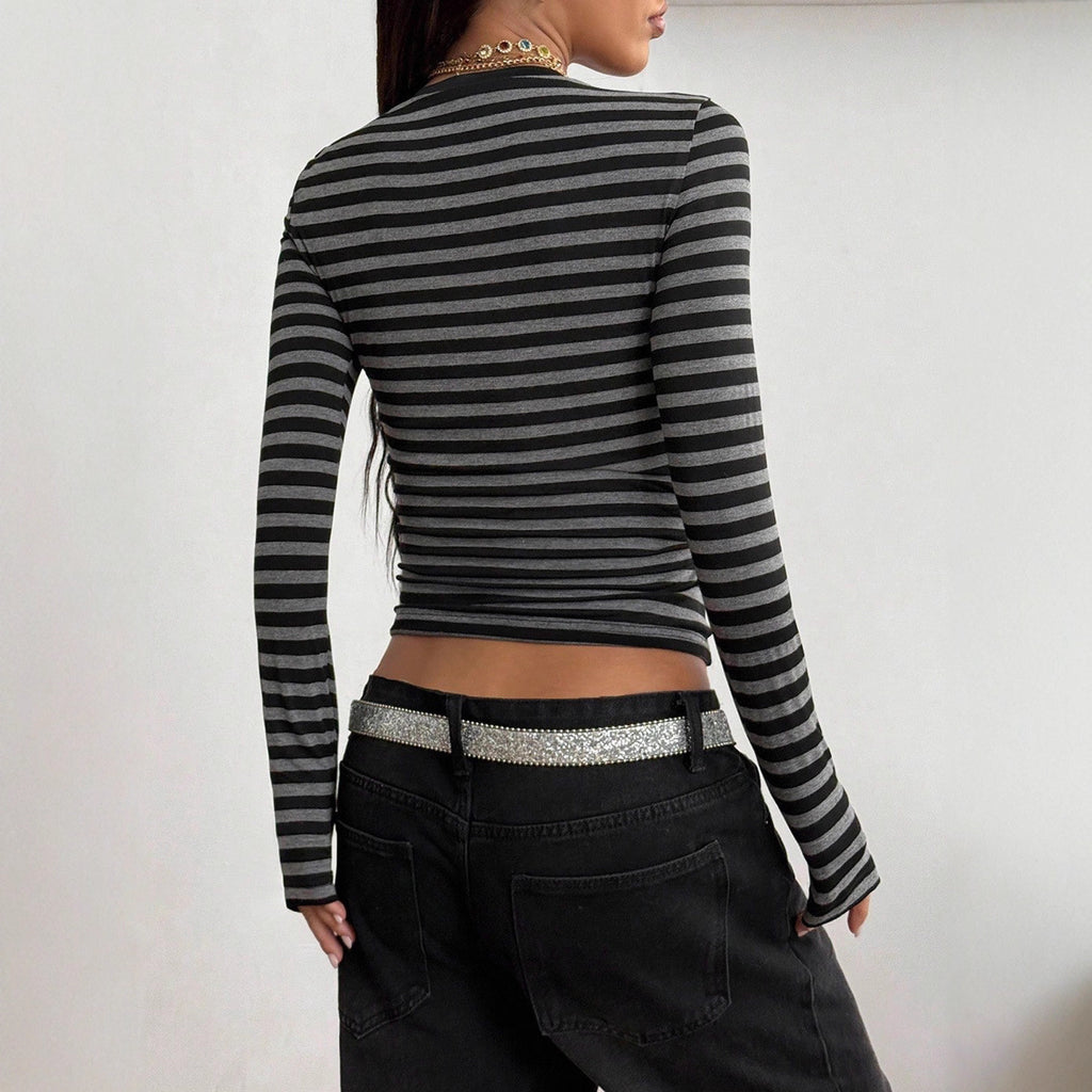 Women's Casual Versatile Color-block Striped Long Sleeve T-shirt Top
