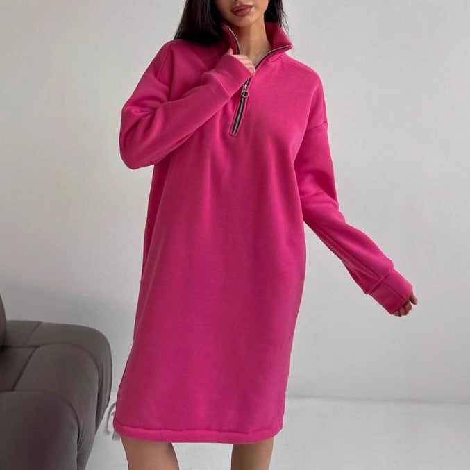 High-neck Half-zip Sweatshirt Dress Warm Fleece Skirt