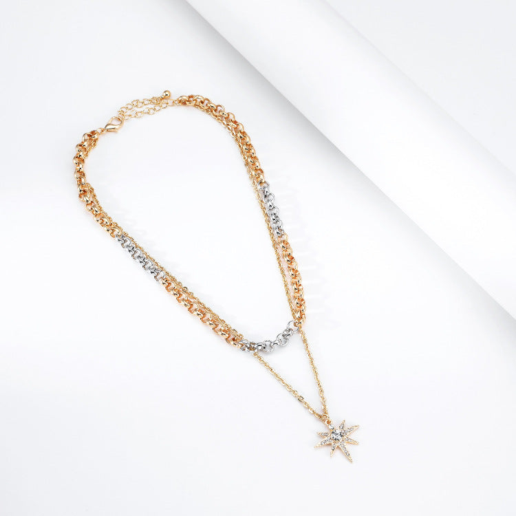 Double-Layer Chain Necklace Temperament Two-Color Stitching Six-Pointed Star Pendant Necklace