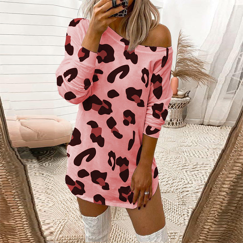 Women's Leopard Print Off Shoulder Long Sleeve T-Shirt Dress