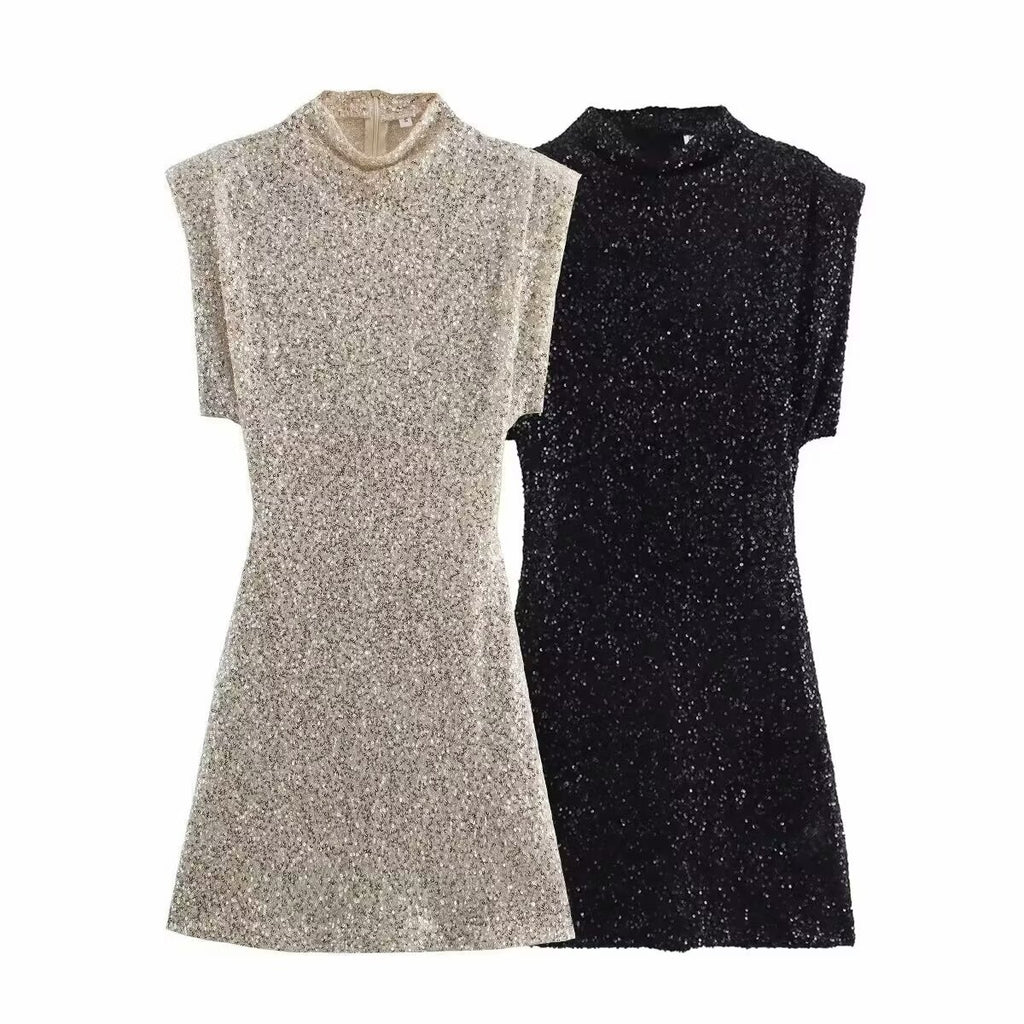 Sequins Decorated Sleeveless Shoulder Pad Sequin Dress