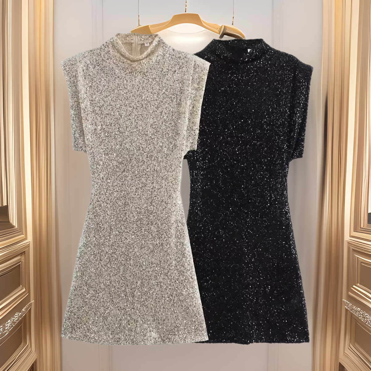 Sequins Decorated Sleeveless Shoulder Pad Sequin Dress