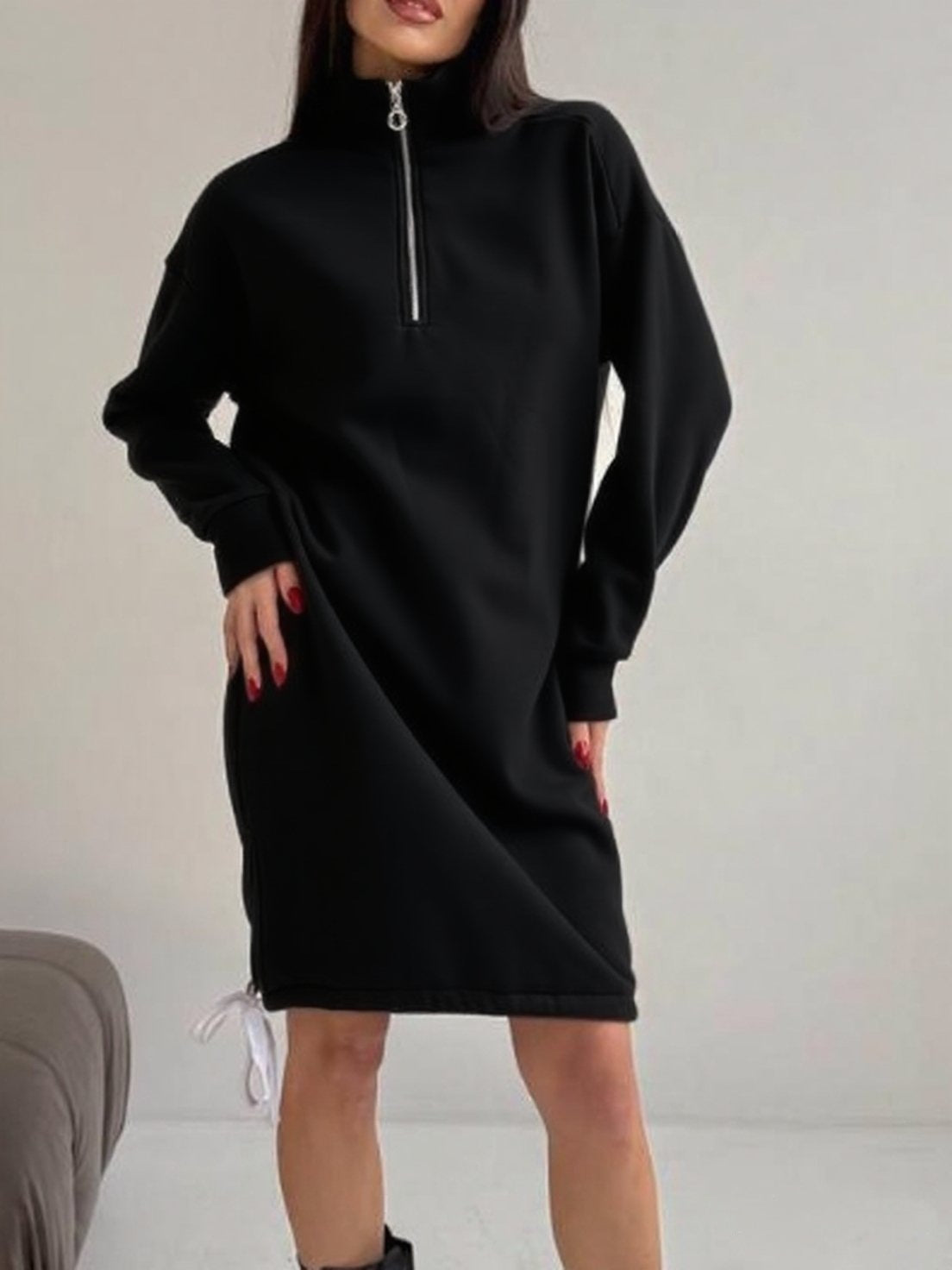 High-neck Half-zip Sweatshirt Dress Warm Fleece Skirt