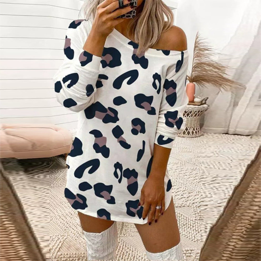 Women's Leopard Print Off Shoulder Long Sleeve T-Shirt Dress