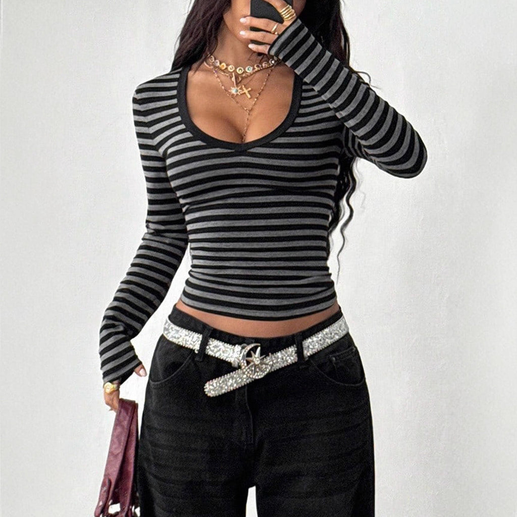 Women's Casual Versatile Color-block Striped Long Sleeve T-shirt Top