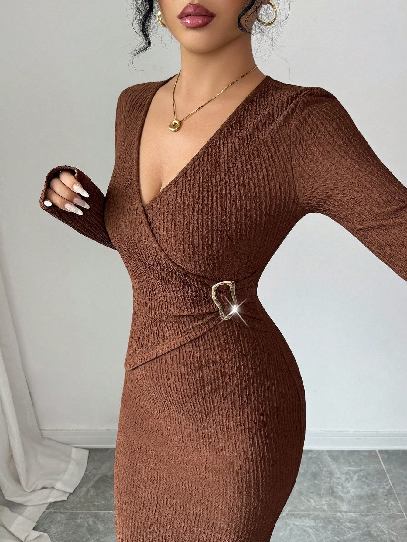 Cross-collar Knit Texture Slim-fit Slimming Dress
