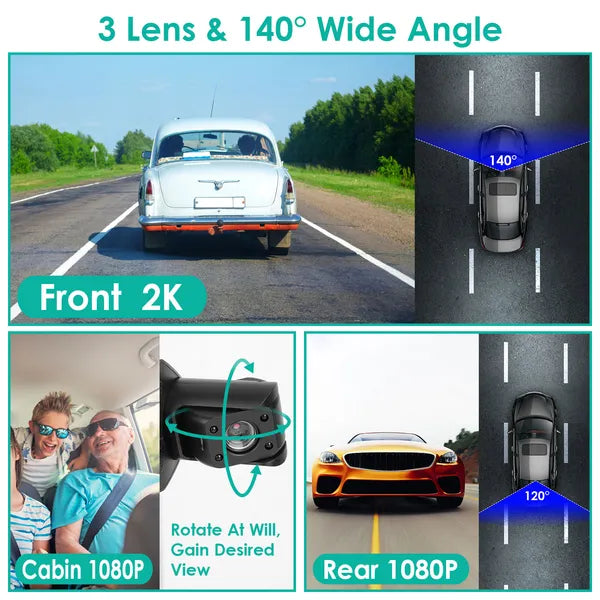 2K Car DVR 3 Channel Dash Cam Camcorder Camera Recorder With 140° Angle GPS WiFi Night Vision G-sensor Loop Recording Parking Monitor