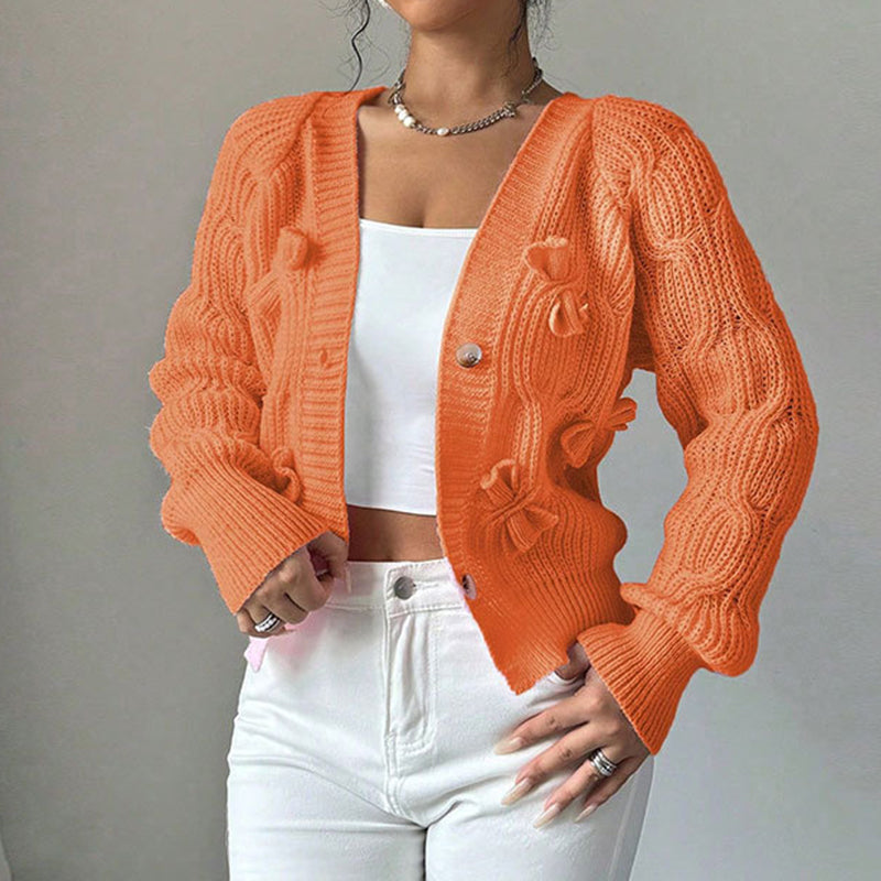 Women's Bow Cropped Cardigan - Long Sleeve V-Neck Button Down Knit Sweater Top