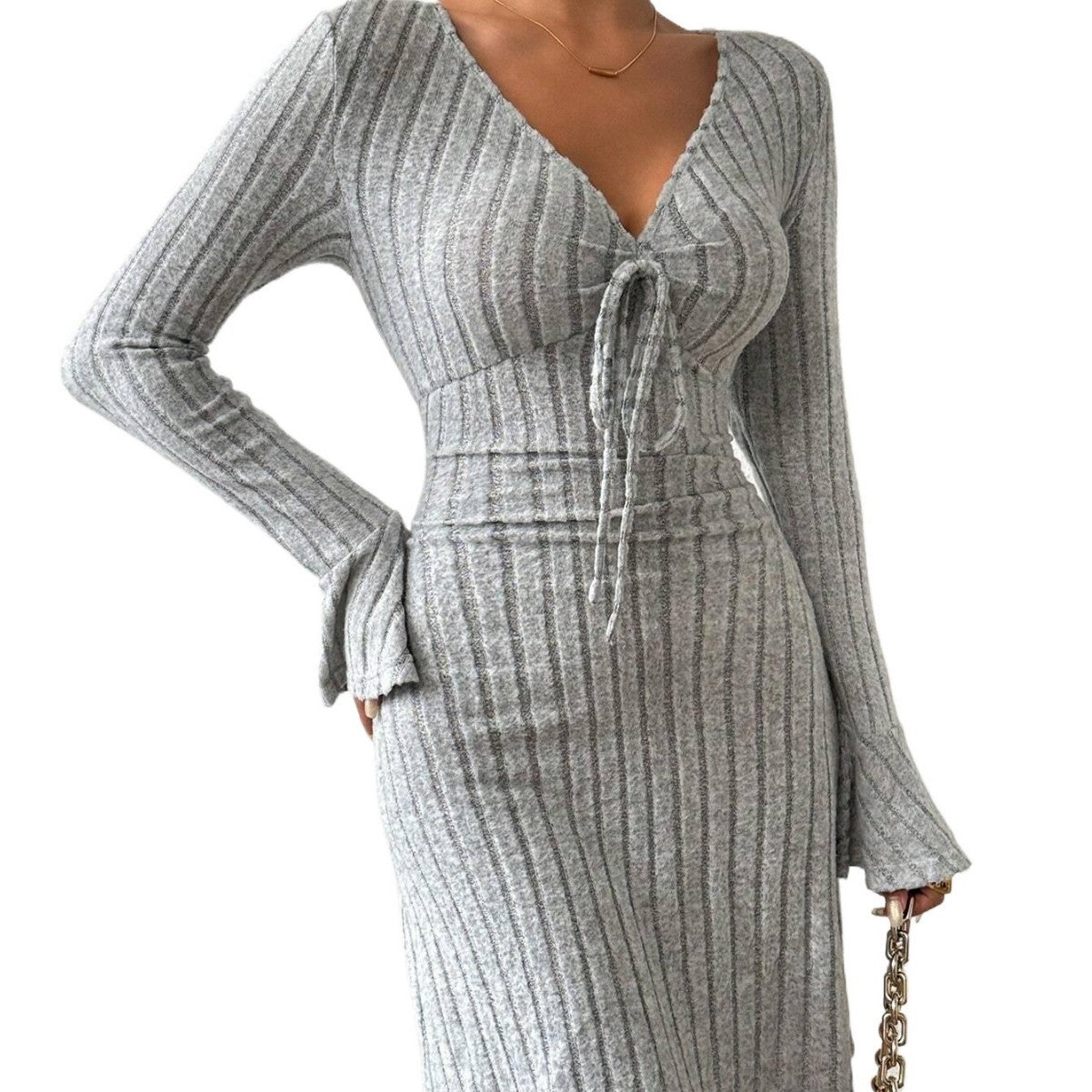 Women's Simple And Elegant Gray Dress With Flared Sleeves And Slim-fit Short Skirt