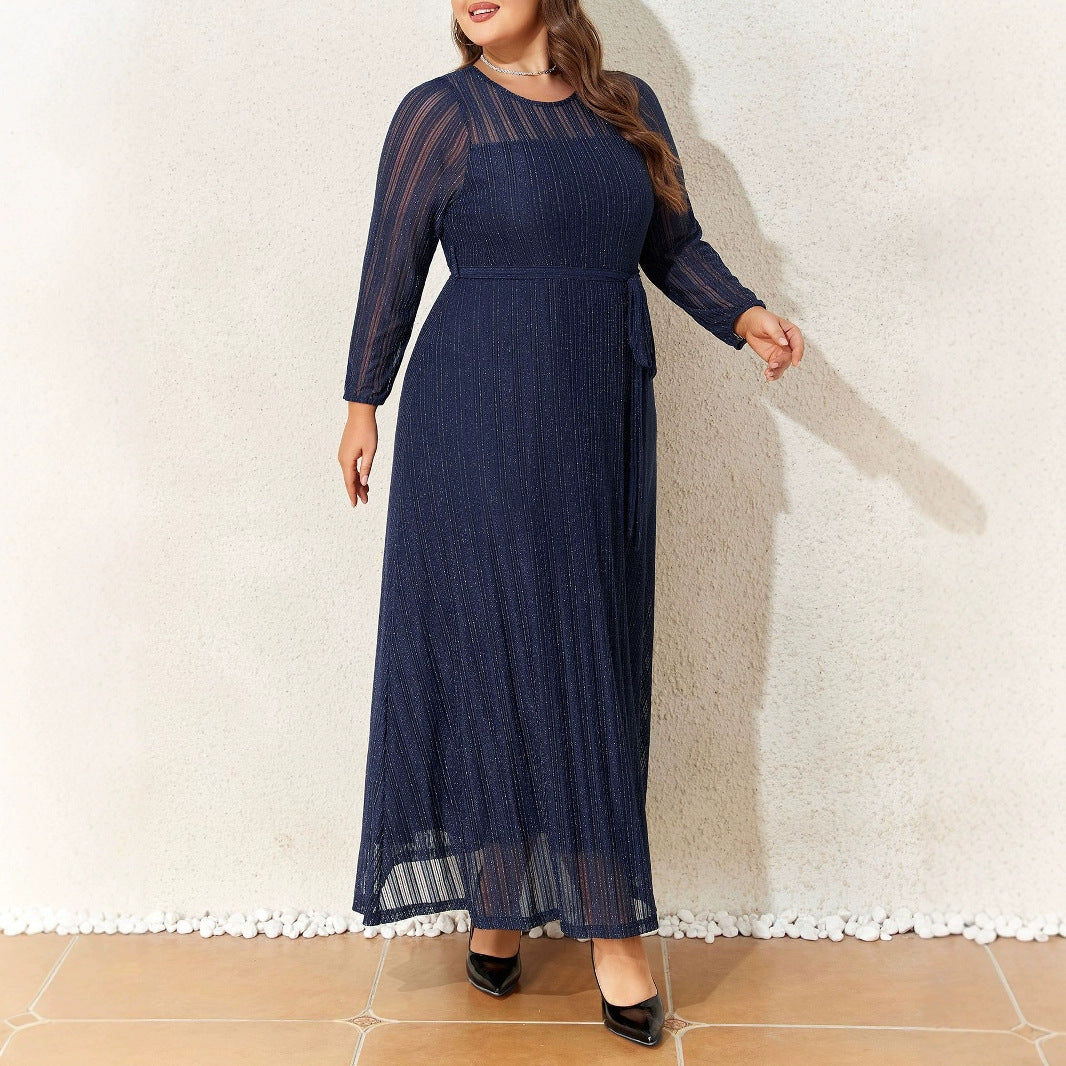 Silver Powder Shiny Elegant Lace-up See-through Plus-size Slim Elegant Women's Dress