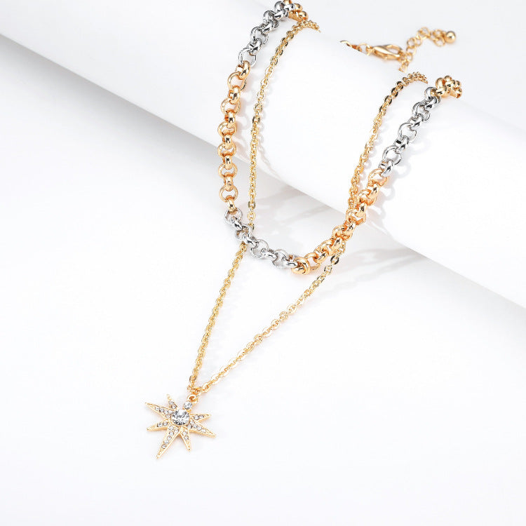 Double-Layer Chain Necklace Temperament Two-Color Stitching Six-Pointed Star Pendant Necklace