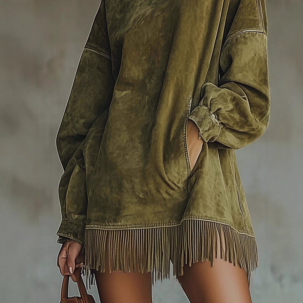 Loose Pockets Tassel Long Sleeve Suede Dress