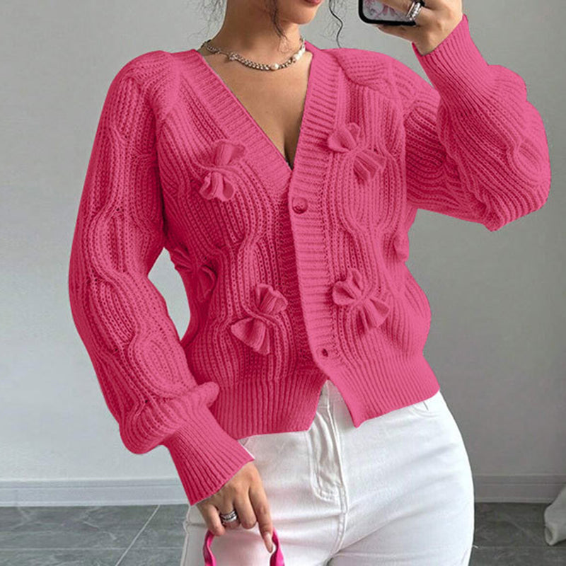 Women's Bow Cropped Cardigan - Long Sleeve V-Neck Button Down Knit Sweater Top