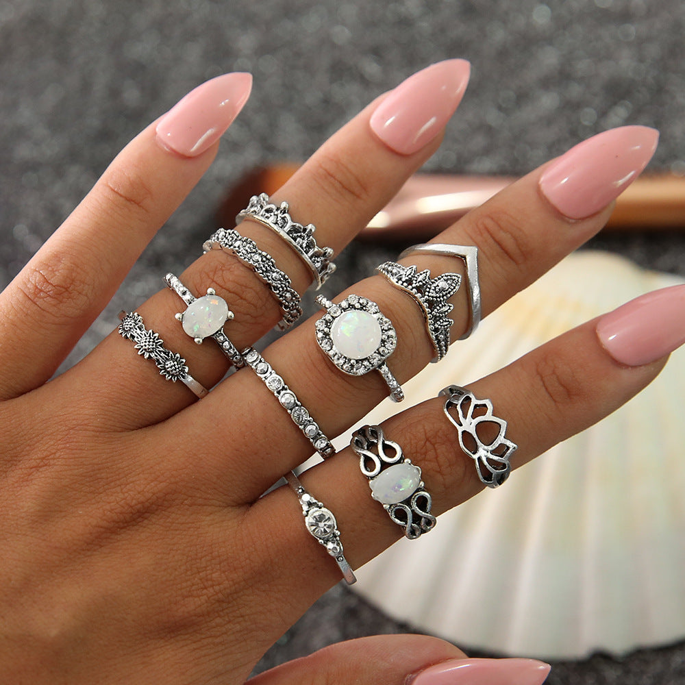 Retro Totem Gemstone Hollow Joint Ring 11-piece Ring Female