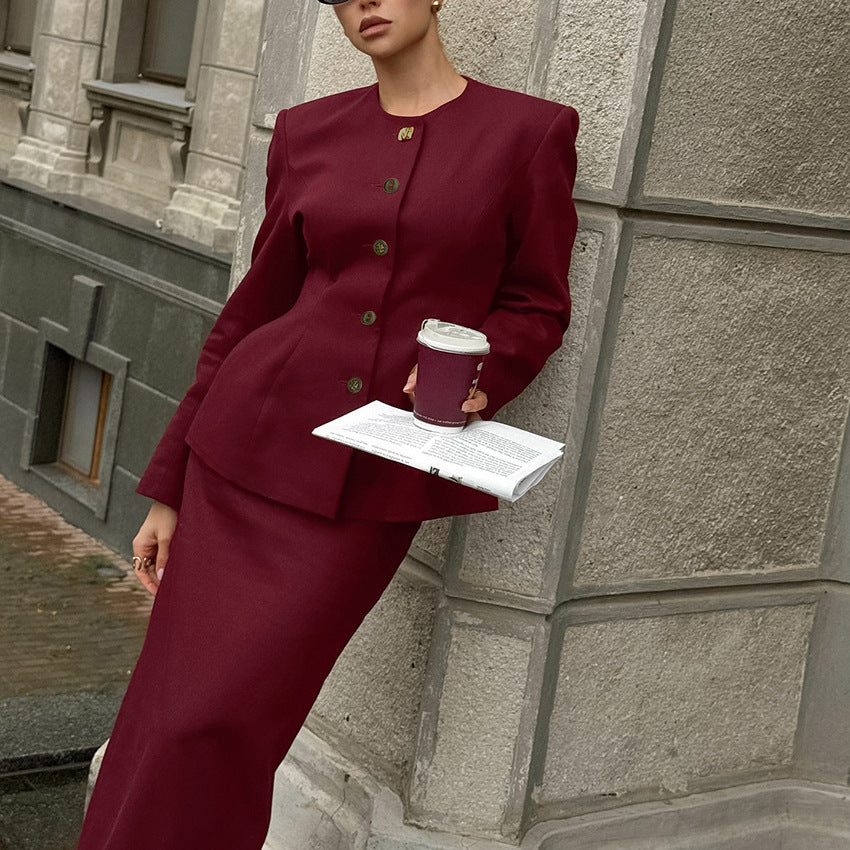 Round-neck Long-sleeved Jacket With Slit Skirt Women's Fashion Casual Two-piece Set