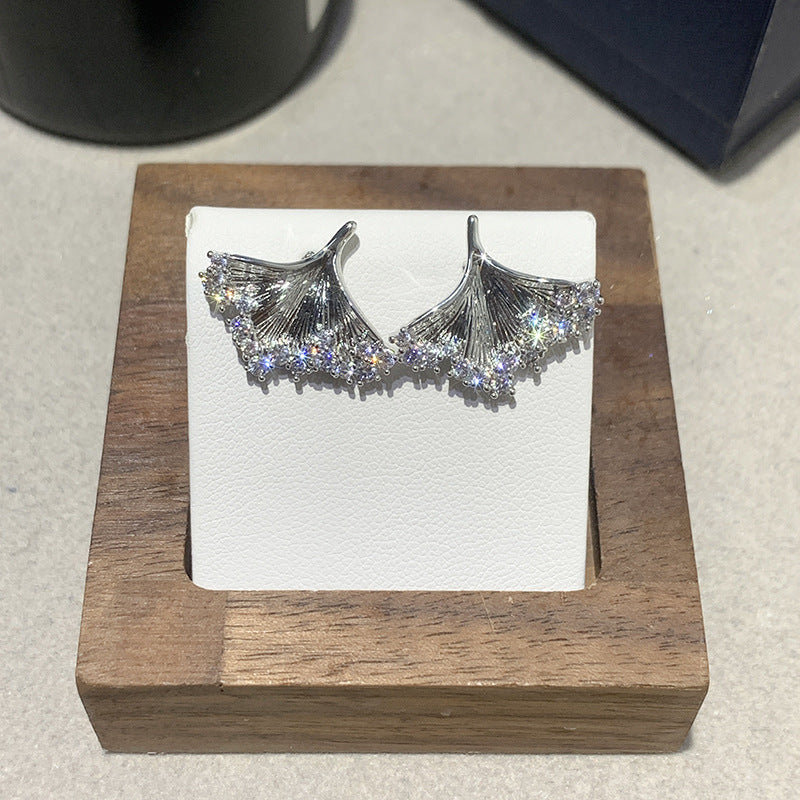 Silver Needle Studded Diamond Metal Ginkgo Leaf Earrings