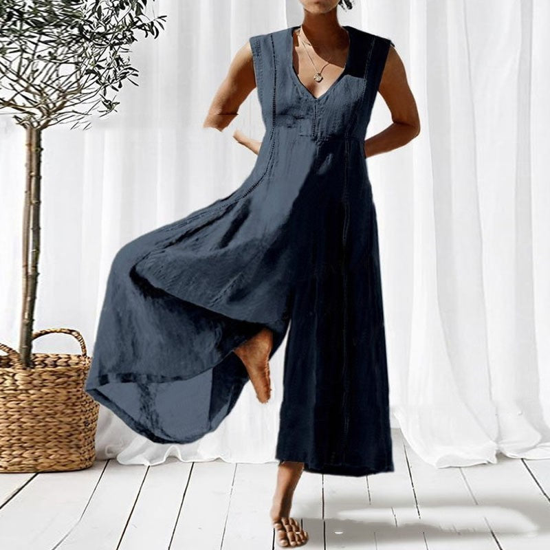 Loose V-neck Long Sleeveless Jumpsuit For Women