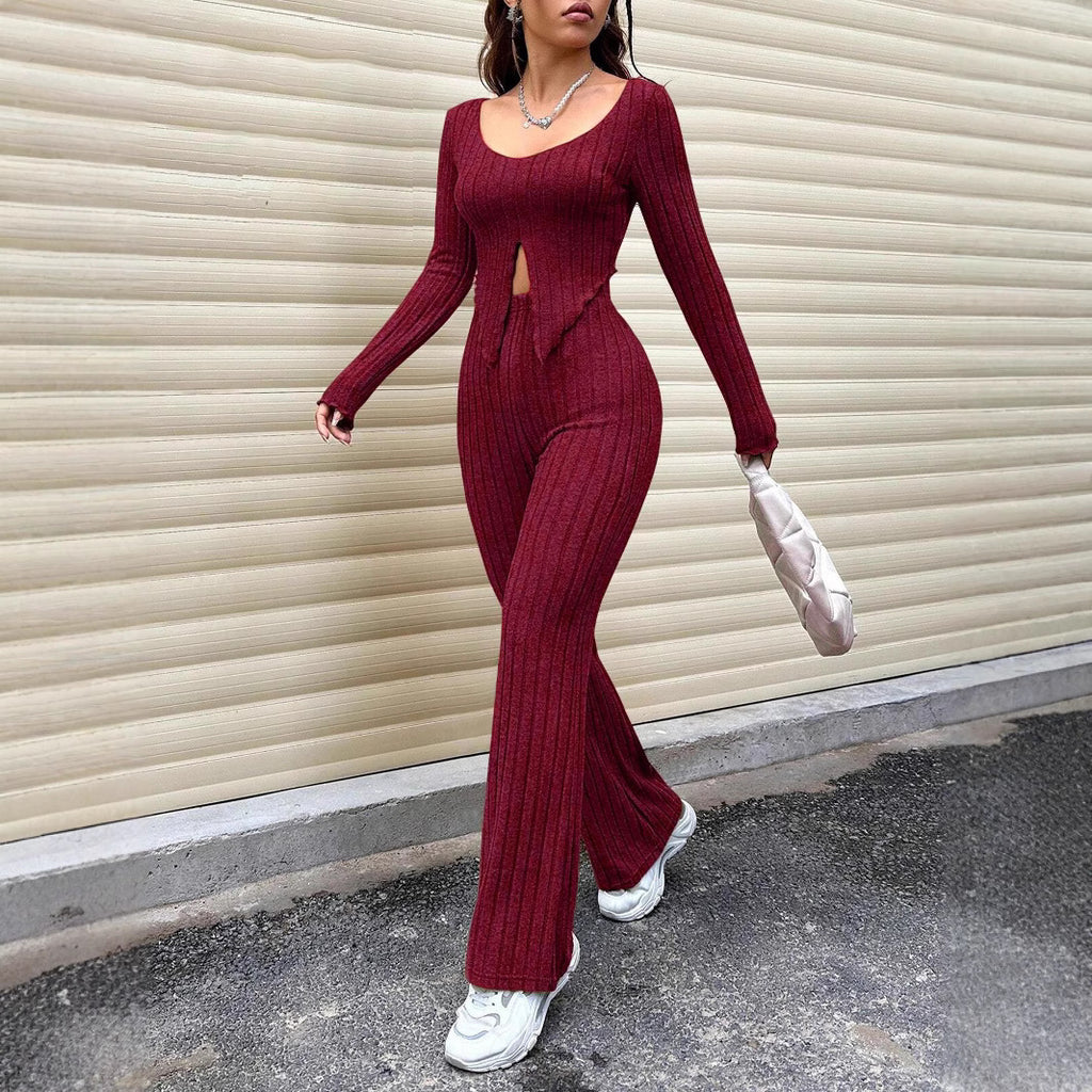 Solid Color Slim Waist Long Sleeve Top And High Waist Slightly Flared Pants Set