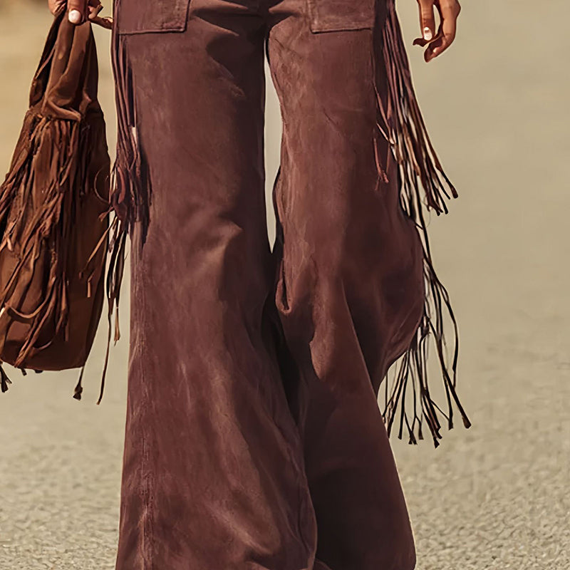 Women's Solid Color Fringe Wide-Leg Jumpsuit, Western Style Overalls With Pockets And Adjustable Straps And Button