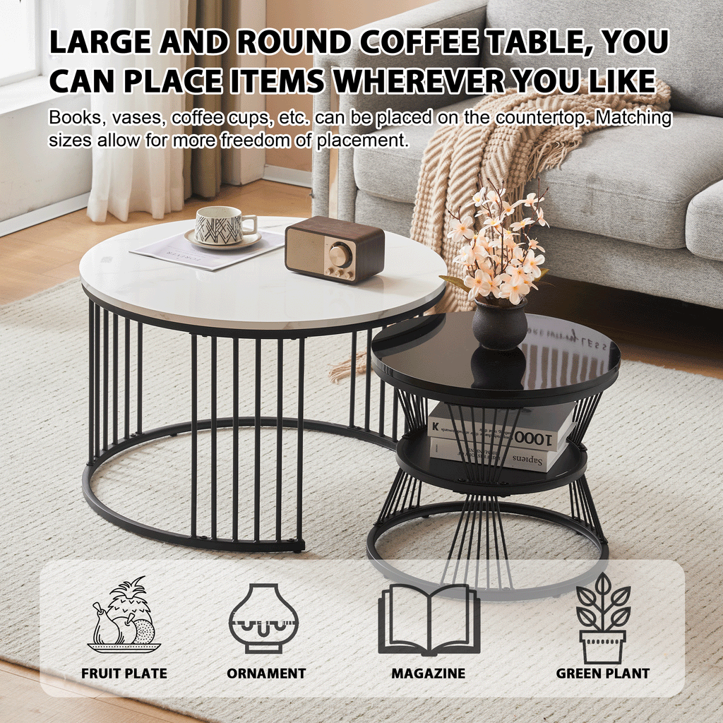 Modern Nesting Coffee Table, Coffee Table Set Marble Veneer Sofa Side Nest Of Tables Round End Tables, Set Of 2, Black Color Frame