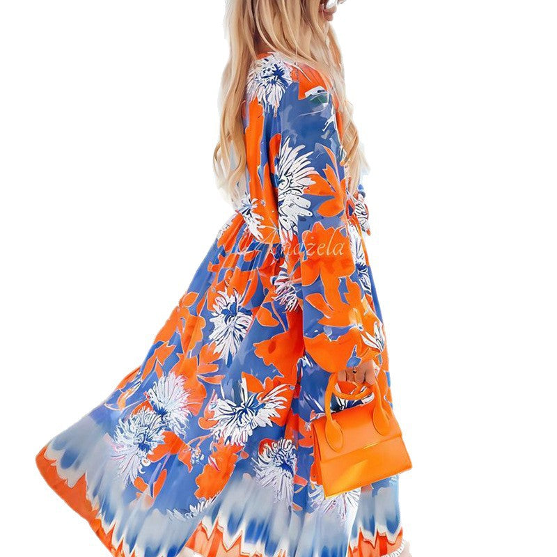 Female Leisure Printed Long-sleeved Maxi Vacation Dress