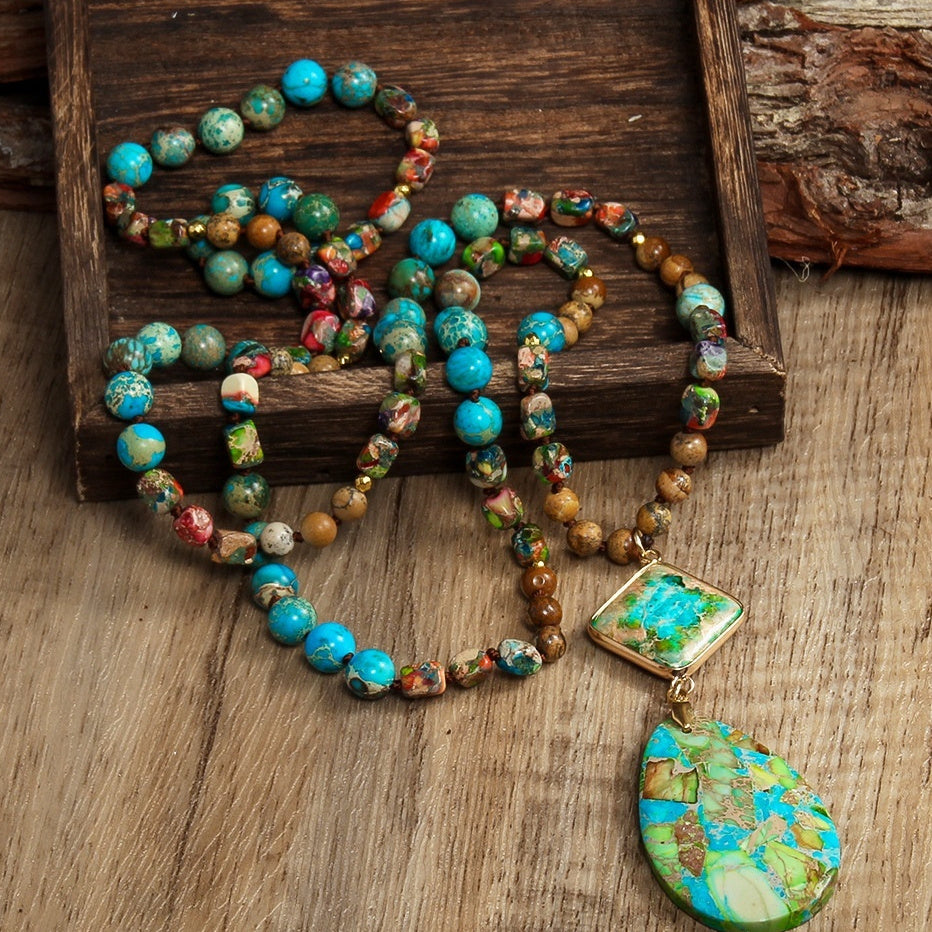 Natural Stone Knotted Necklace Diamond Drop Pendant Necklace