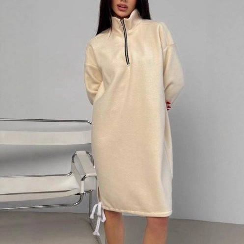 High-neck Half-zip Sweatshirt Dress Warm Fleece Skirt