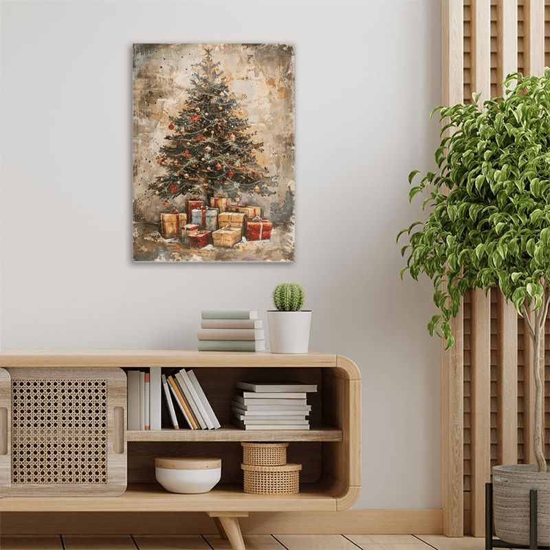 A Canvas Oil Painting With A Wooden Frame, Depicting A Vintage Christmas Tree With Gifts Under It Decorating The Living Room.