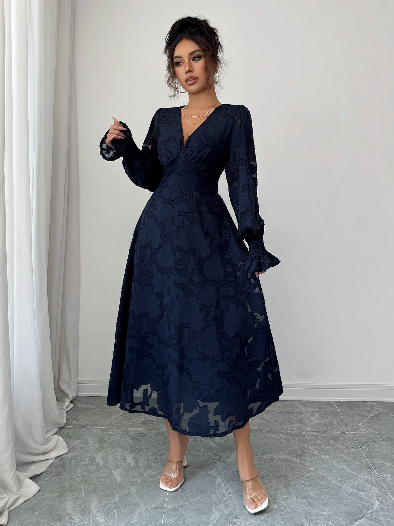 Elegant And Stylish Deep V Lace Long Sleeve Dress For Women
