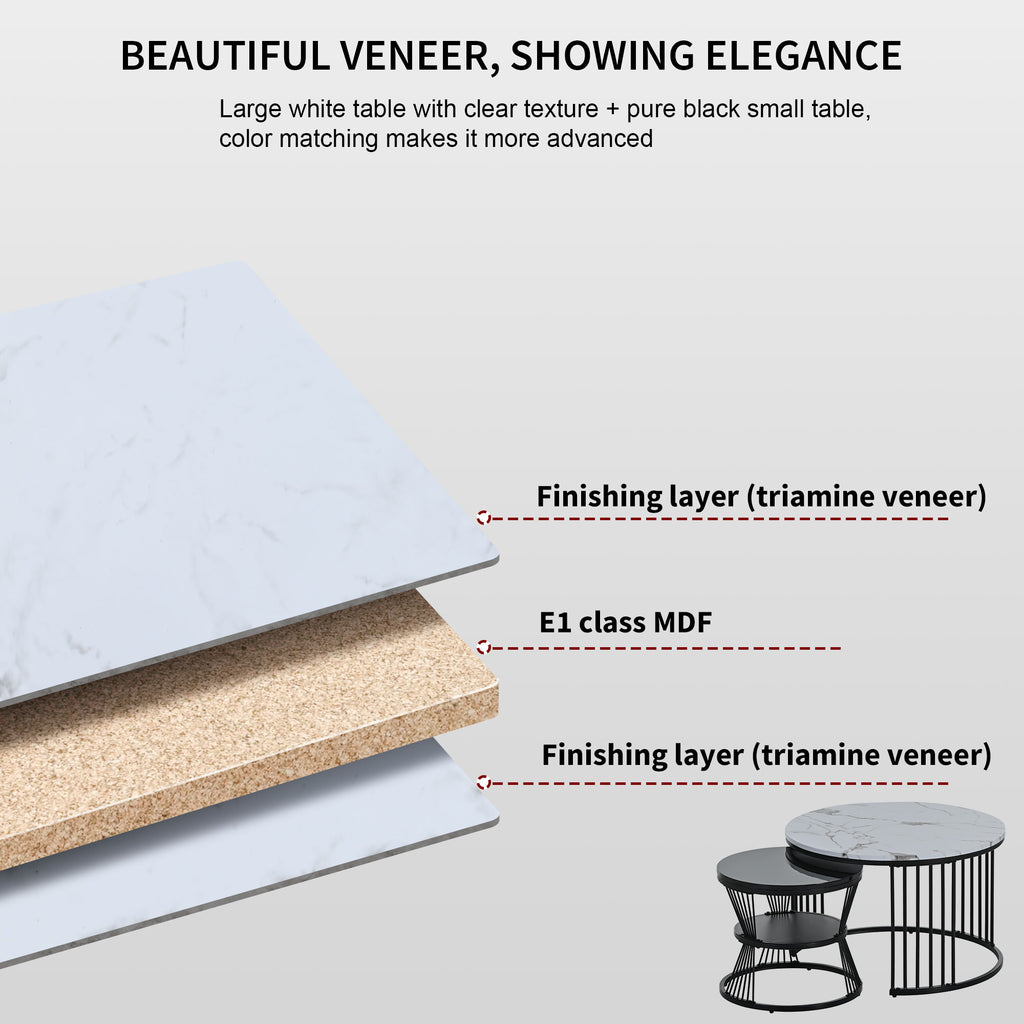 Modern Nesting Coffee Table, Coffee Table Set Marble Veneer Sofa Side Nest Of Tables Round End Tables, Set Of 2, Black Color Frame