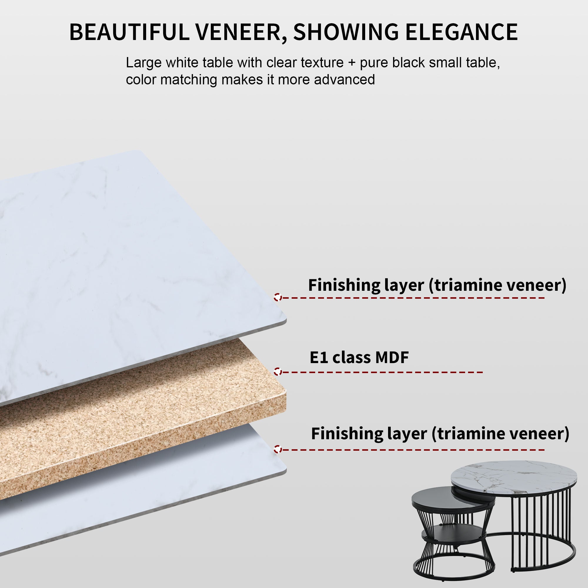 Modern Nesting Coffee Table, Coffee Table Set Marble Veneer Sofa Side Nest Of Tables Round End Tables, Set Of 2, Black Color Frame