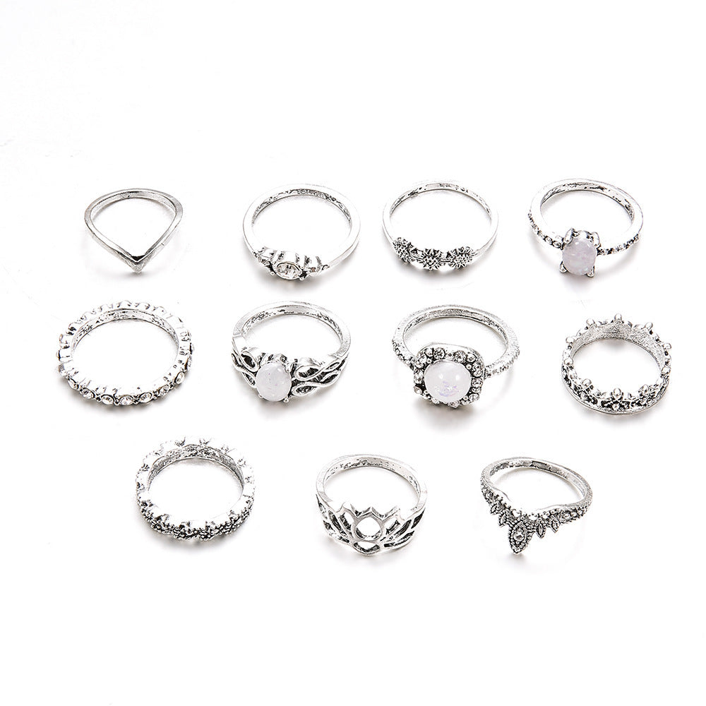 Retro Totem Gemstone Hollow Joint Ring 11-piece Ring Female