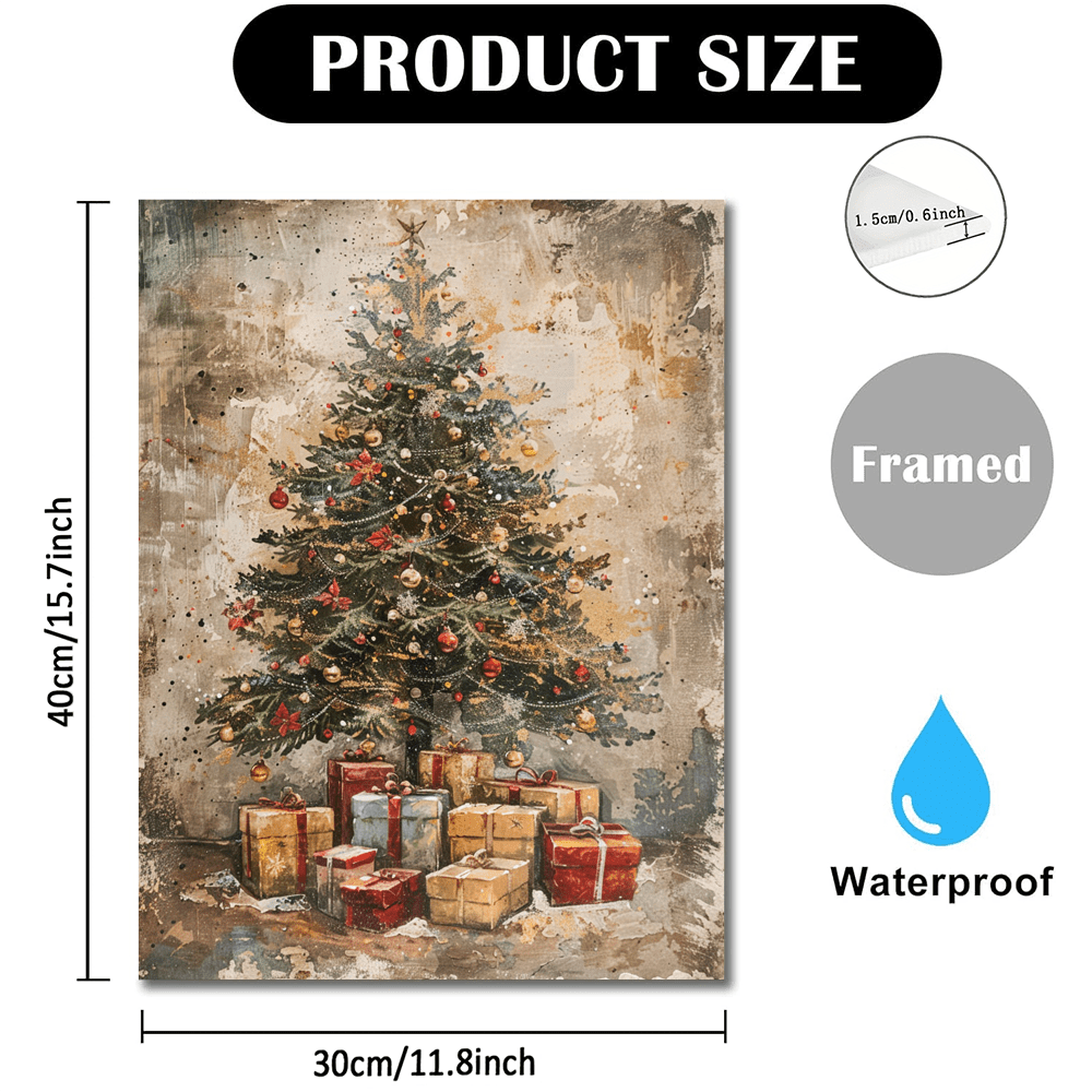 A Canvas Oil Painting With A Wooden Frame, Depicting A Vintage Christmas Tree With Gifts Under It Decorating The Living Room.