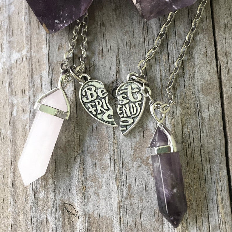 Colorful Hexagon Pillar Crystal Heart Pendant Necklace