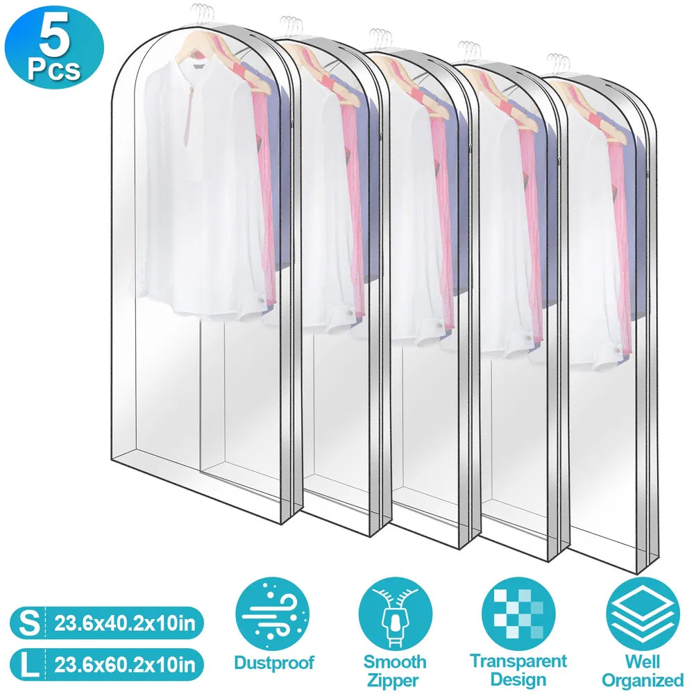 5 Pack Garment Bag For Hanging Clothes Dustproof Waterproof Hanging Clothes Storage Bag Clear Transparent Suits Cover For Sweater Jacket Coat Dress Shirt