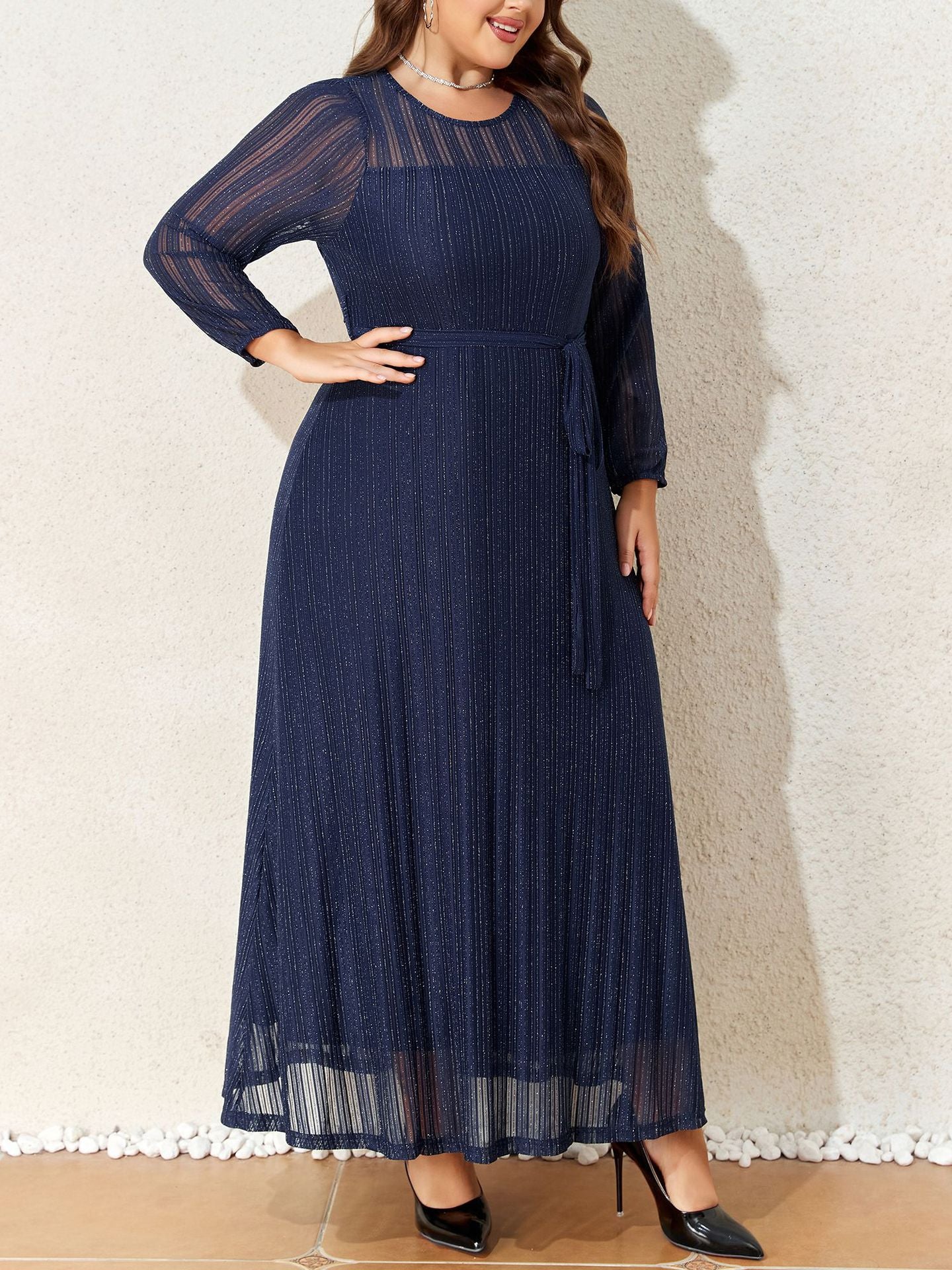 Silver Powder Shiny Elegant Lace-up See-through Plus-size Slim Elegant Women's Dress