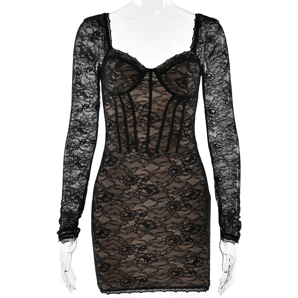 Sexy V-neck Long Sleeve Lace Dress