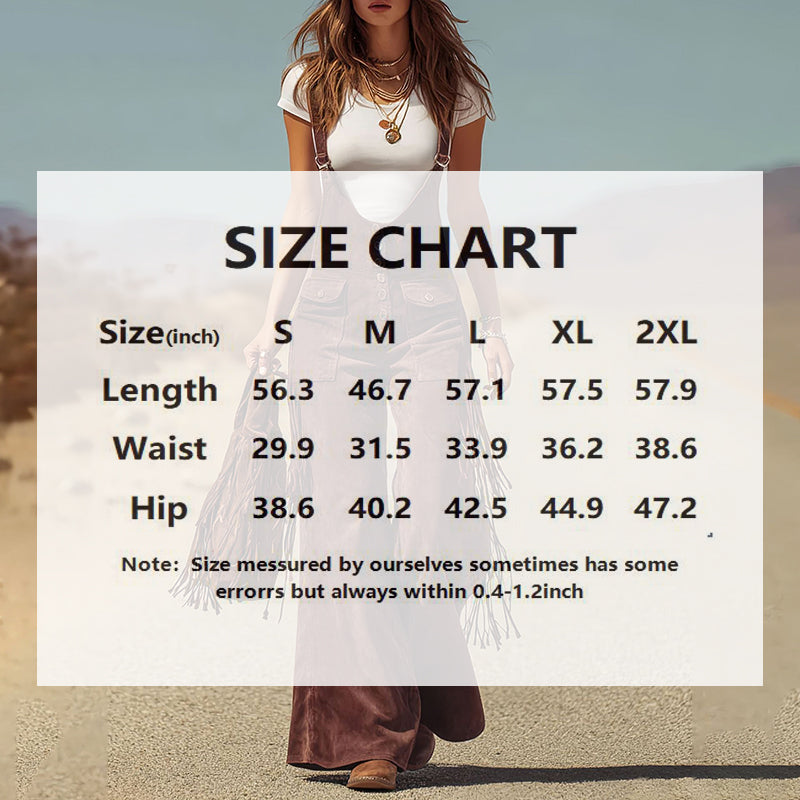 Women's Solid Color Fringe Wide-Leg Jumpsuit, Western Style Overalls With Pockets And Adjustable Straps And Button