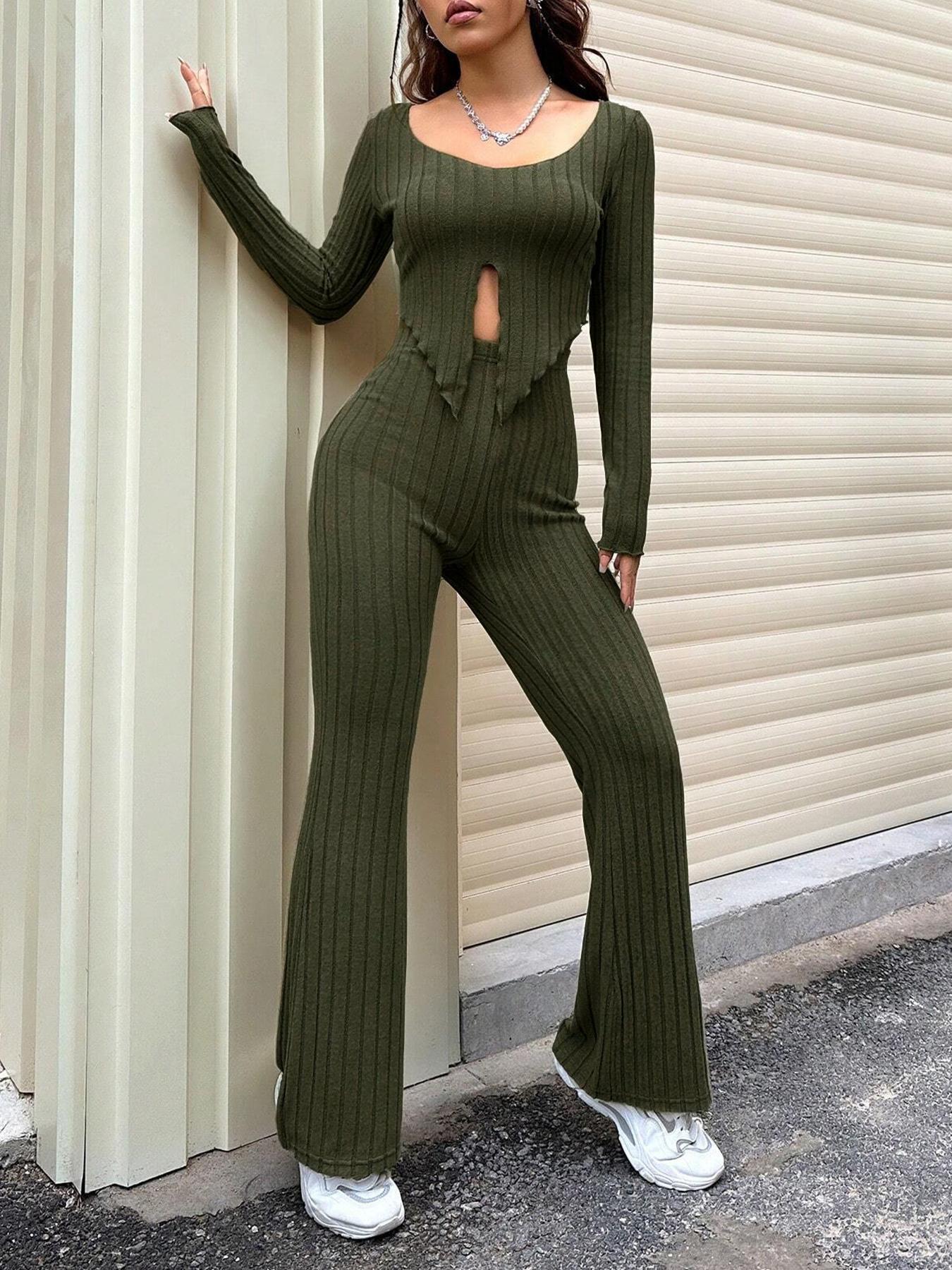 Solid Color Slim Waist Long Sleeve Top And High Waist Slightly Flared Pants Set
