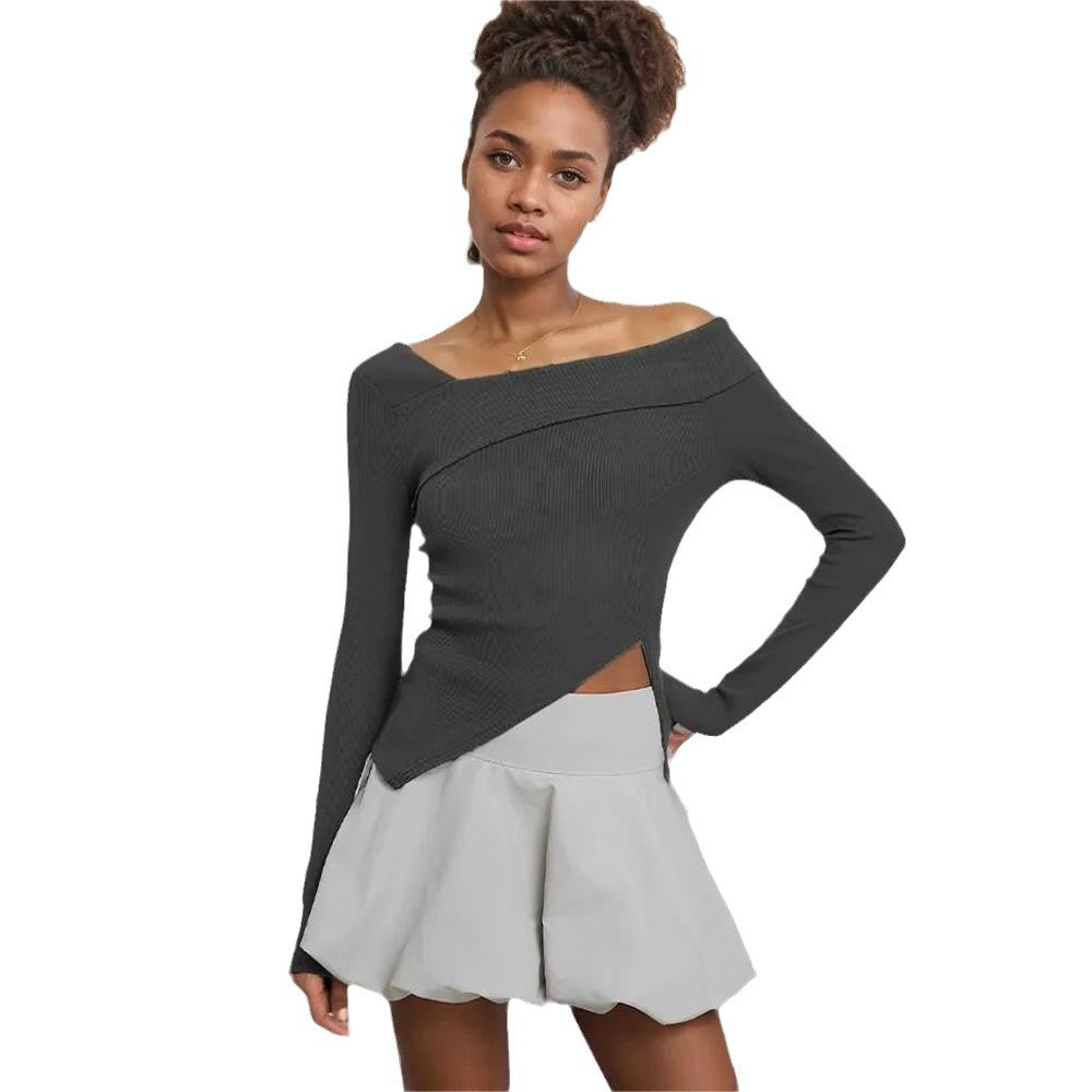 Long Sleeve Women's T-Shirt Autumn Winter Solid Color Slimming Slim Commute Elegant Versatile Korean Style