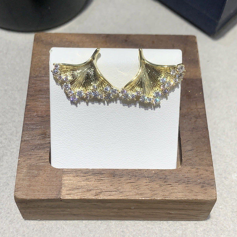 Silver Needle Studded Diamond Metal Ginkgo Leaf Earrings